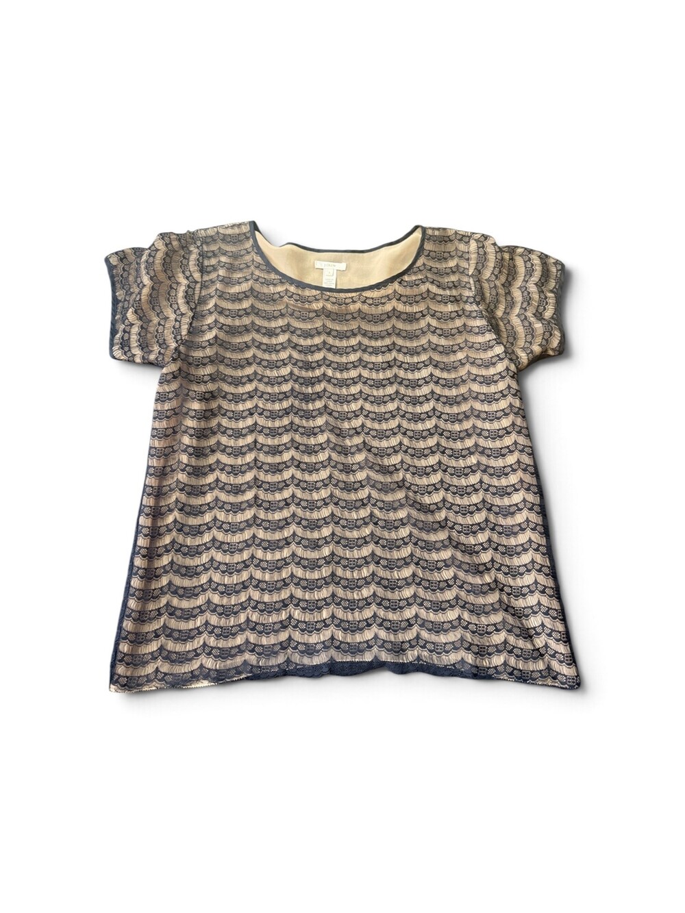 J.Crew Small Navy Short Sleeve Top Nylon Lace Overlay